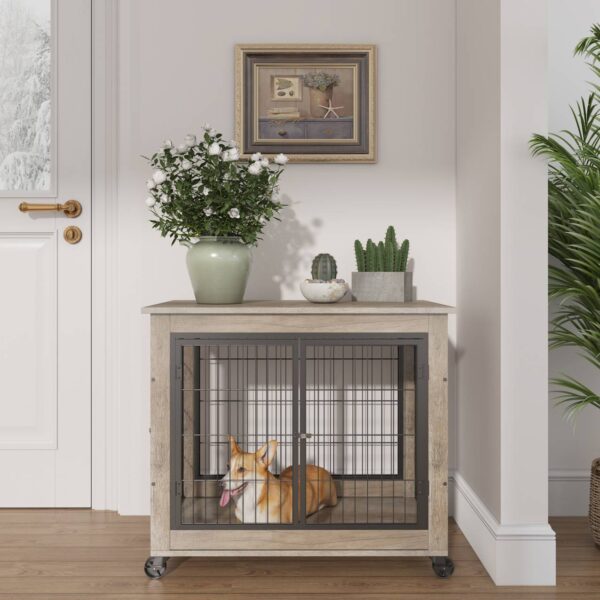 Dog Cage Crate With Double Doors On Casters Grey - Image 9