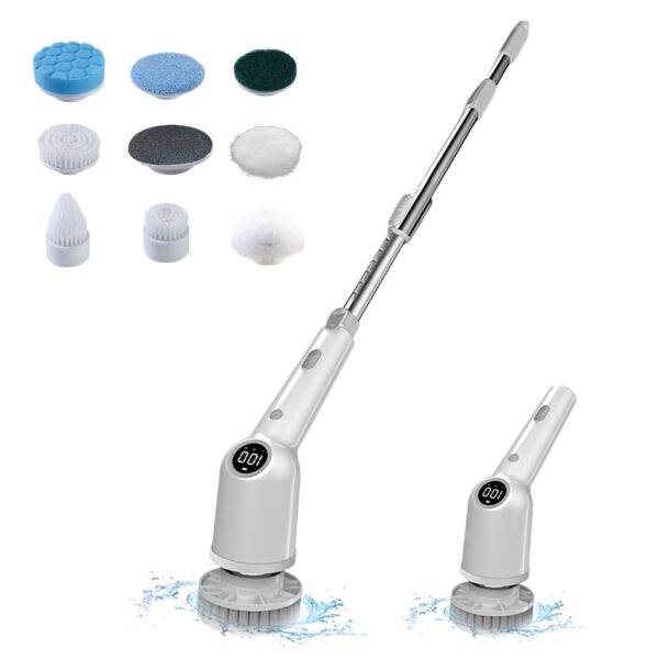 Cordless Electric Spin Scrubber 360 Degrees 3 Speeds Power Cleaning Brush Scrubber with 8 Replaceable Brush Heads and Adjustable Extension Arm for Bathroom Floor Shower Bathtub Glass Car - Image 2